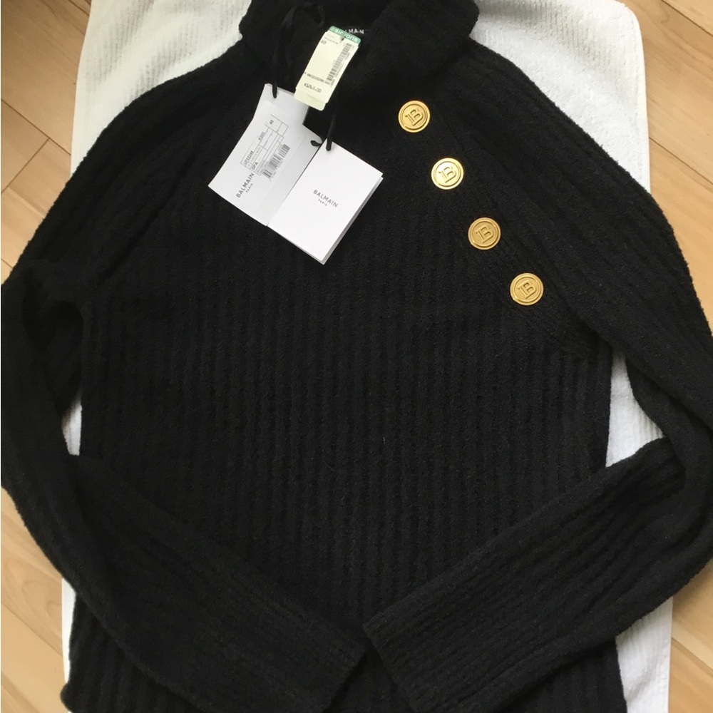 Balmain Black Cowl Sweater with Gold Buttons 100% authentic with tags